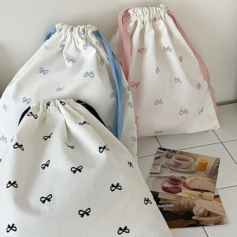 Korean Bow Storage Bag Canvas Sweet Kawaii Girl Artsy Drawstring Bag Lipstick Portable Makeup Bag Travel Organizer Accessories
