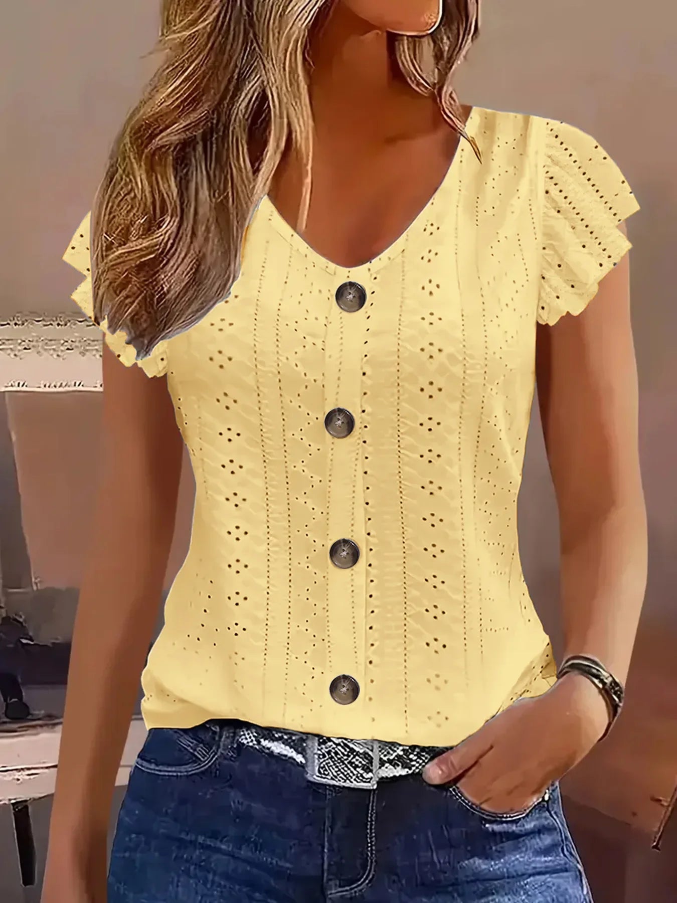 2025 Spring/Summer new women's fashion stylish commute casual solid color multi-color ruffle sleeve V-neck T-shirt
