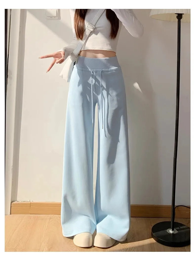 Women's gray sports high waist hanging loose slimming straight leg wide leg pants American sweatpants.