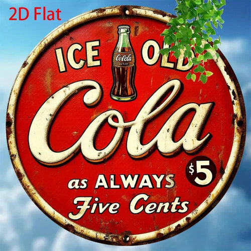2D FLAT Vintage Cola Metal Sign - 8x8 Inch Round Aluminum Wall Art, Retro Ice-Cola Design, Rustic Decor for Home, Kitchen, Bar
