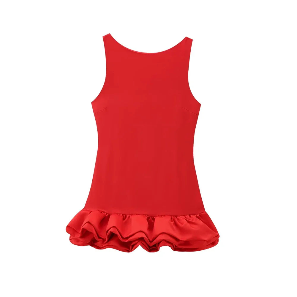 Women's Patchwork Voluminous Mini Dress, O-Neck, Backless With Zipper, Female Dresses, Sexy Fashion