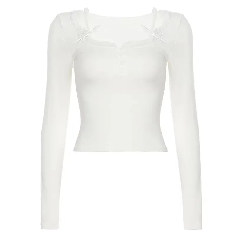 Pure desire sweet style bow hanging neck Korean V-neck lace top versatile slimming solid color long sleeved T-shirt