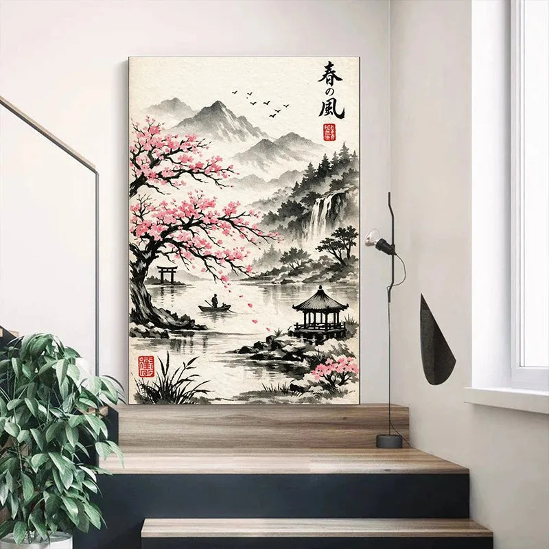 Japanese Ink Painting Landscape Spring Cherry Blossoms Canvas Print Asian Style Wall Art Poster for Living Room Home Decor Gift