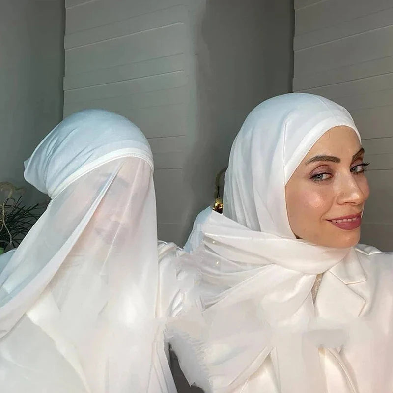 New Plain Instant Hijab Bubble Chiffon With Modal Tube Cap Set Muslim Woman Hijab Innerscarf Casual Long Scarf Islamic Turban