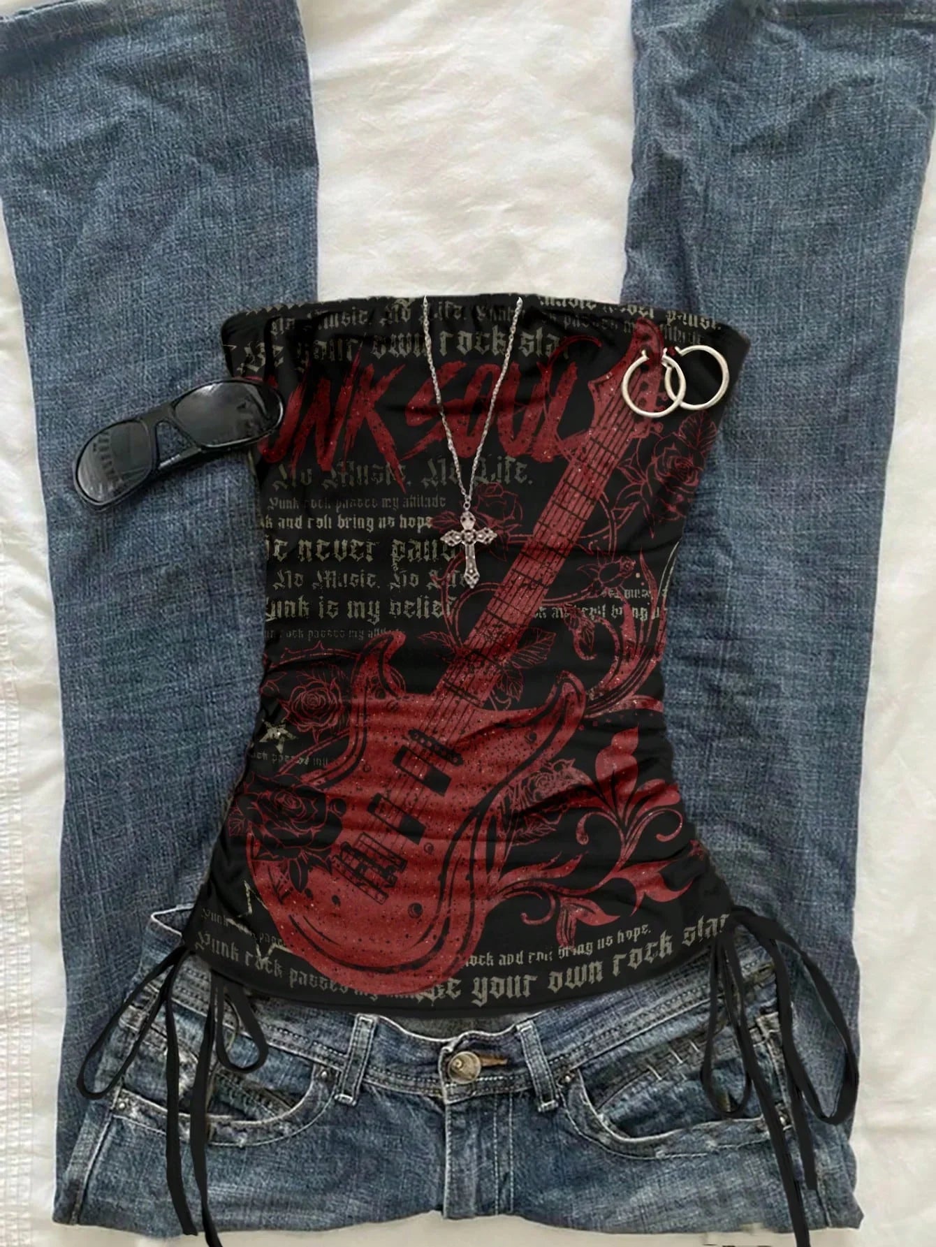 Women's casual retro drawstring front cut vest, suitable for Y2K and guitar prints in spring and summer