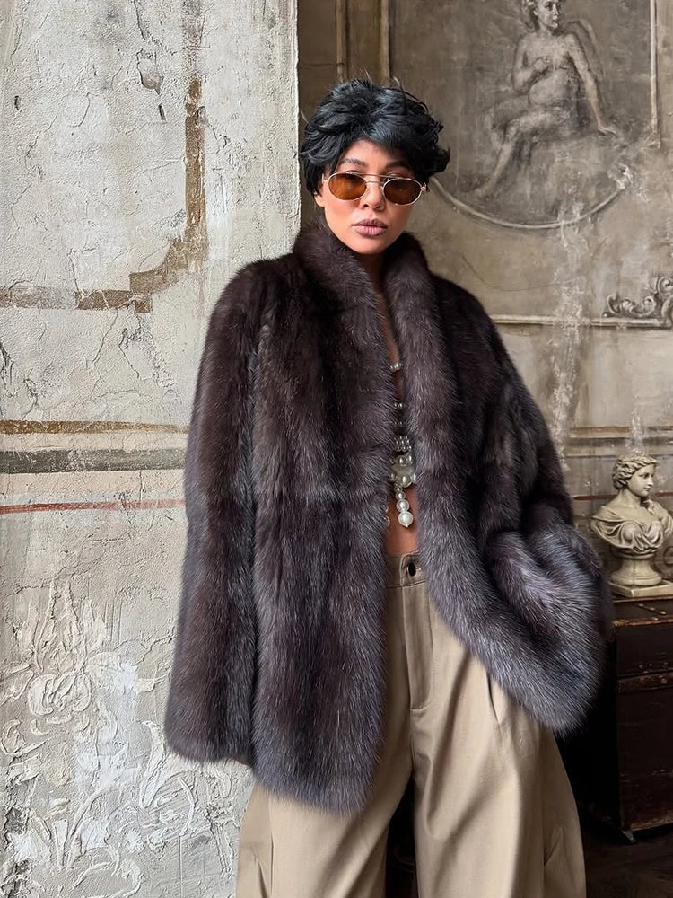 Solid Medium-length Fur Coat Women Elegant Lapel Hidden Button Loose Outerwear 2025 Winter New Office Lady Commute Overcoat