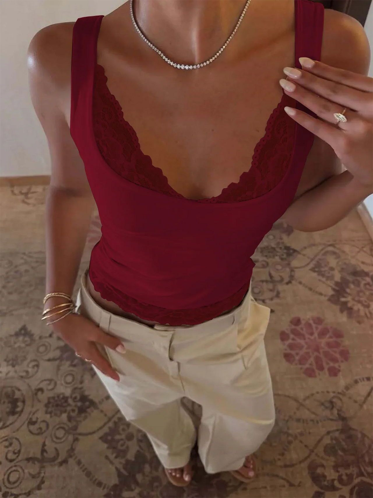 Dulzura Square Collar Backless Slim Lace Ruffles Patchwork Tank Top Women'S Fashion Sexy Y2K Top Party Vacation Summer Clothes