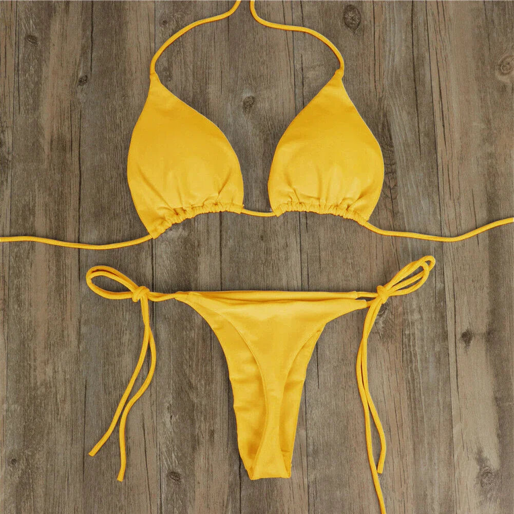 Women Tie Sexy Thong Bikini Set Side Swimsuit Bandage Style Brazilian Swimwear Split Strap Adjustable Solid Female Swimsuit Set