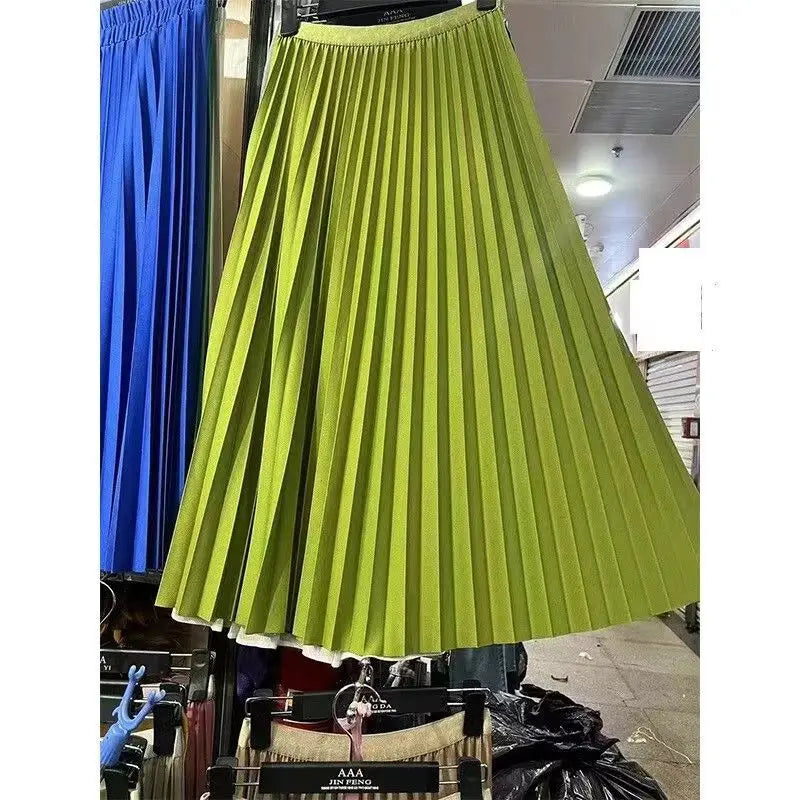 2026 Elegant High Waist Pleated Skirt for Women Mid-long Midi Skirt Female High Quality Black Saia