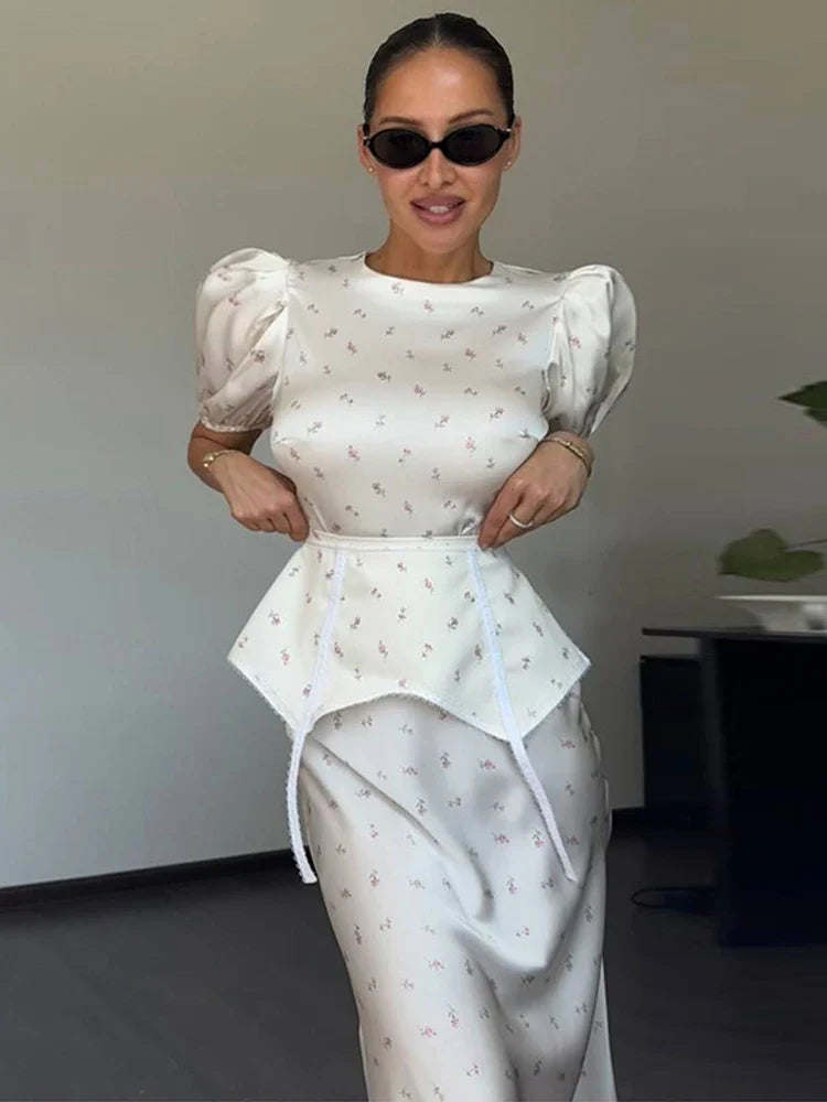 Women's White Floral Print Puff Sleeve Dress With Waistband Fashion Satin Ruffled Hem Maxi Dress Lady 2026 Elegant Party Robes