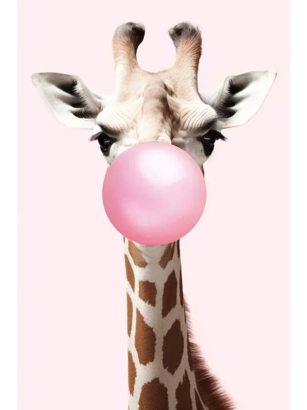 Cute Pink Panda Giraffe Bunny Cheetah Zebra Blowing Bubble Gum Poster Nursery Canvas Painting for Kids Room Animal Print Decor