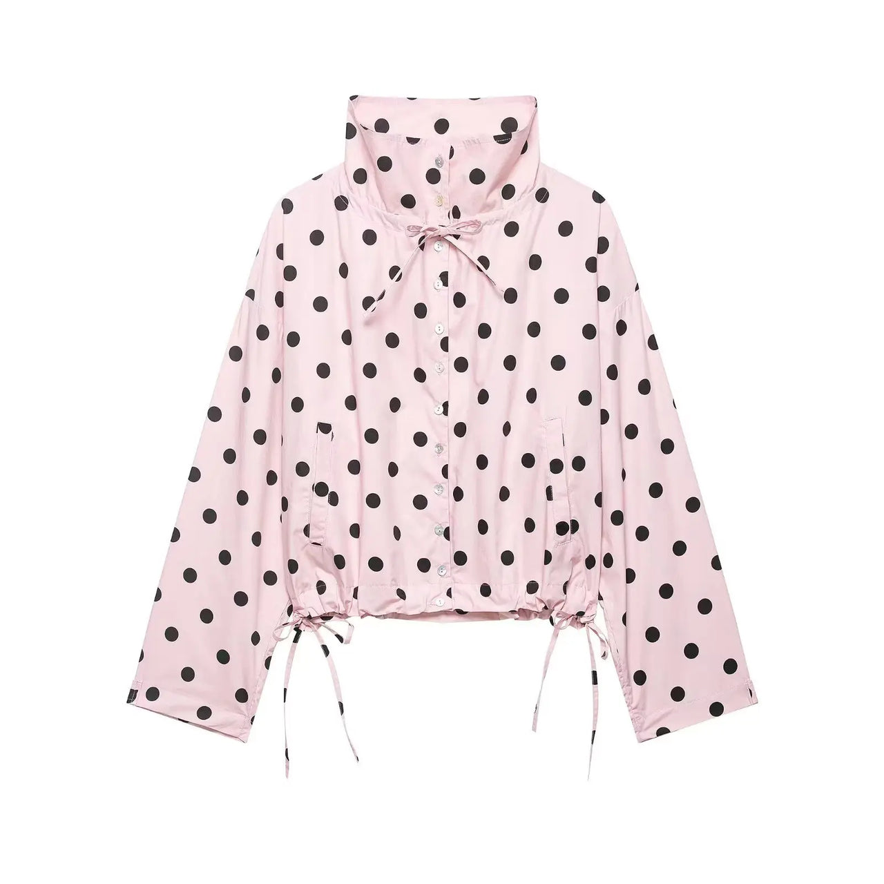 HH Women Elegant Fashion Polka Dot Pink Jacket Single Breasted High Collar Drawstring Coat Spring Lady Trend Street Outwear