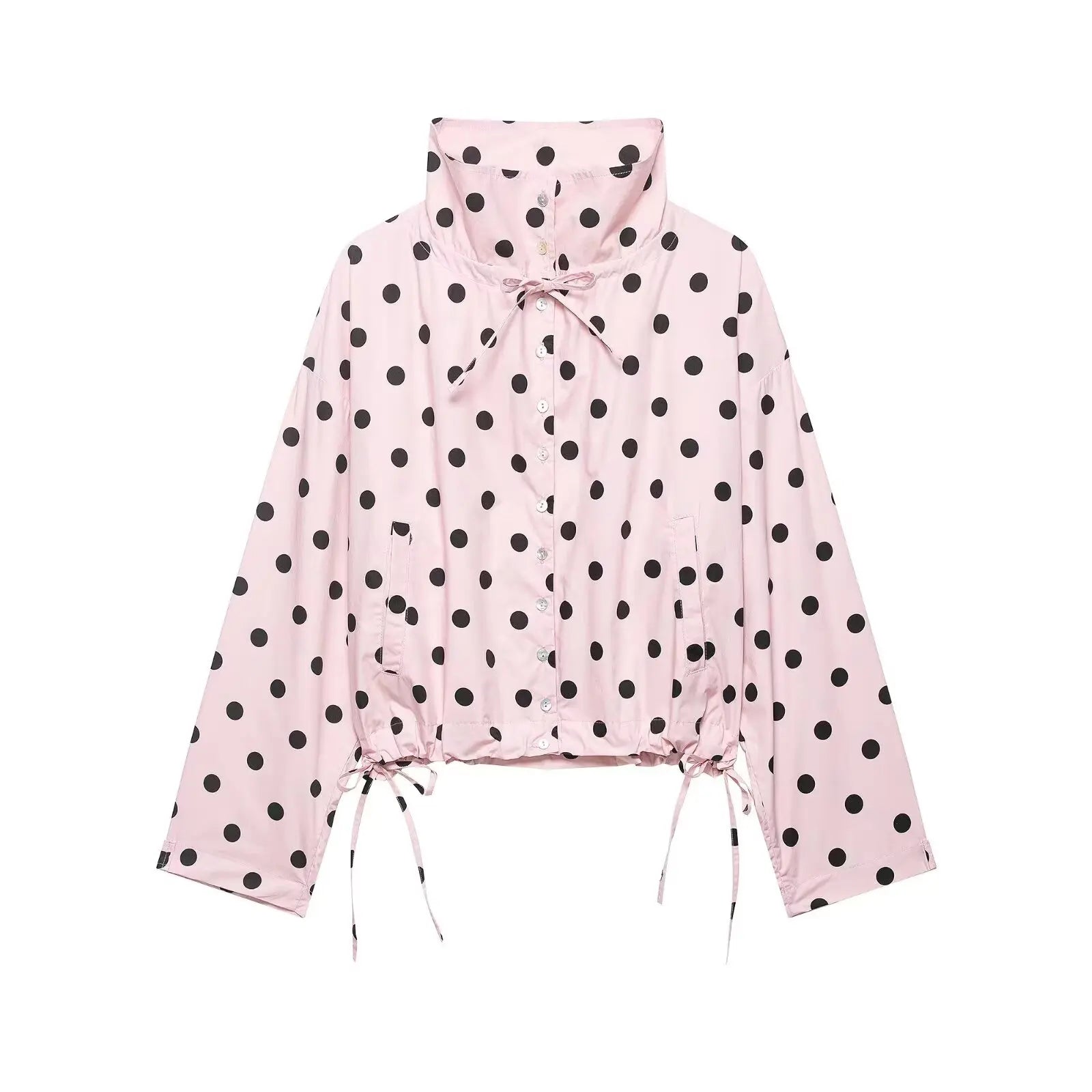 HH Women Elegant Fashion Polka Dot Pink Jacket Single Breasted High Collar Drawstring Coat Spring Lady Trend Street Outwear