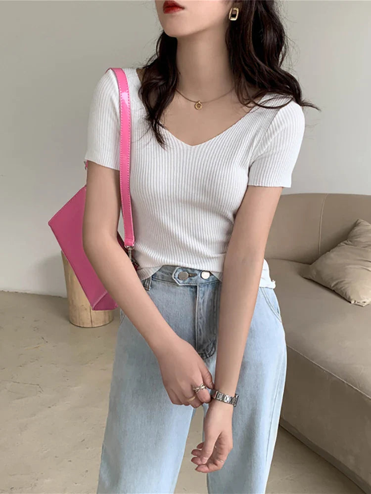 AOSSVIAO 2026 Basic V-neck Solid Thin Summer Pullover Women Female Knitted Ribbed Sweater Slim Short Sleeve Bodycon Sweater
