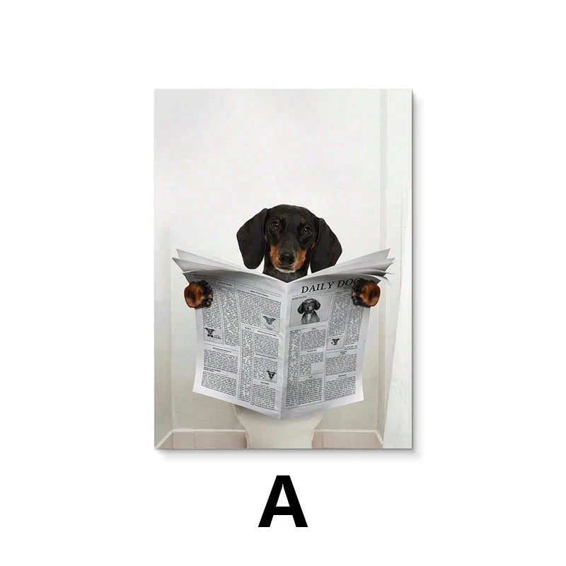 Modern Simple Animal Wall Art Dachshund Toilet Reading Newspaper Canvas Printed Poster Home Bathroom Bedroom Decoration