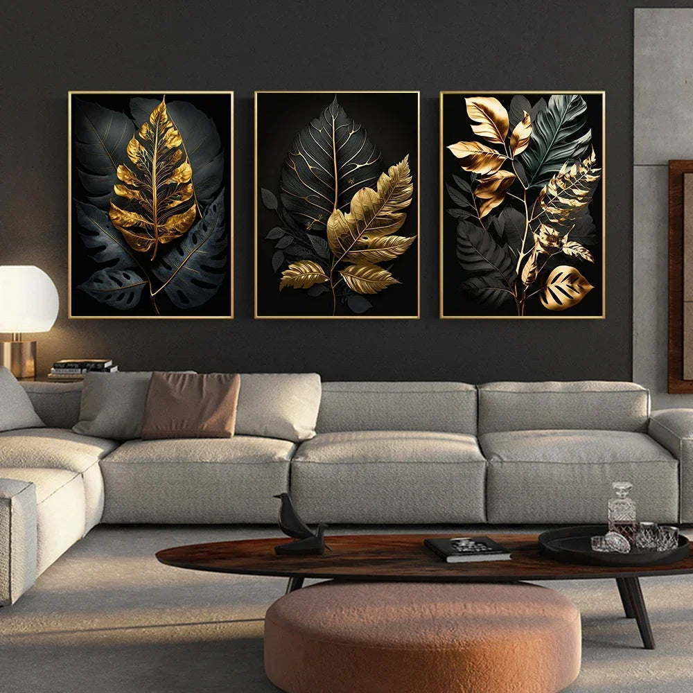 Nordic Abstract Wall Art Plants Modern Luxury Black and Gold Leaves HD Canvas Print Poster Home Living Room Bedroom Decoration