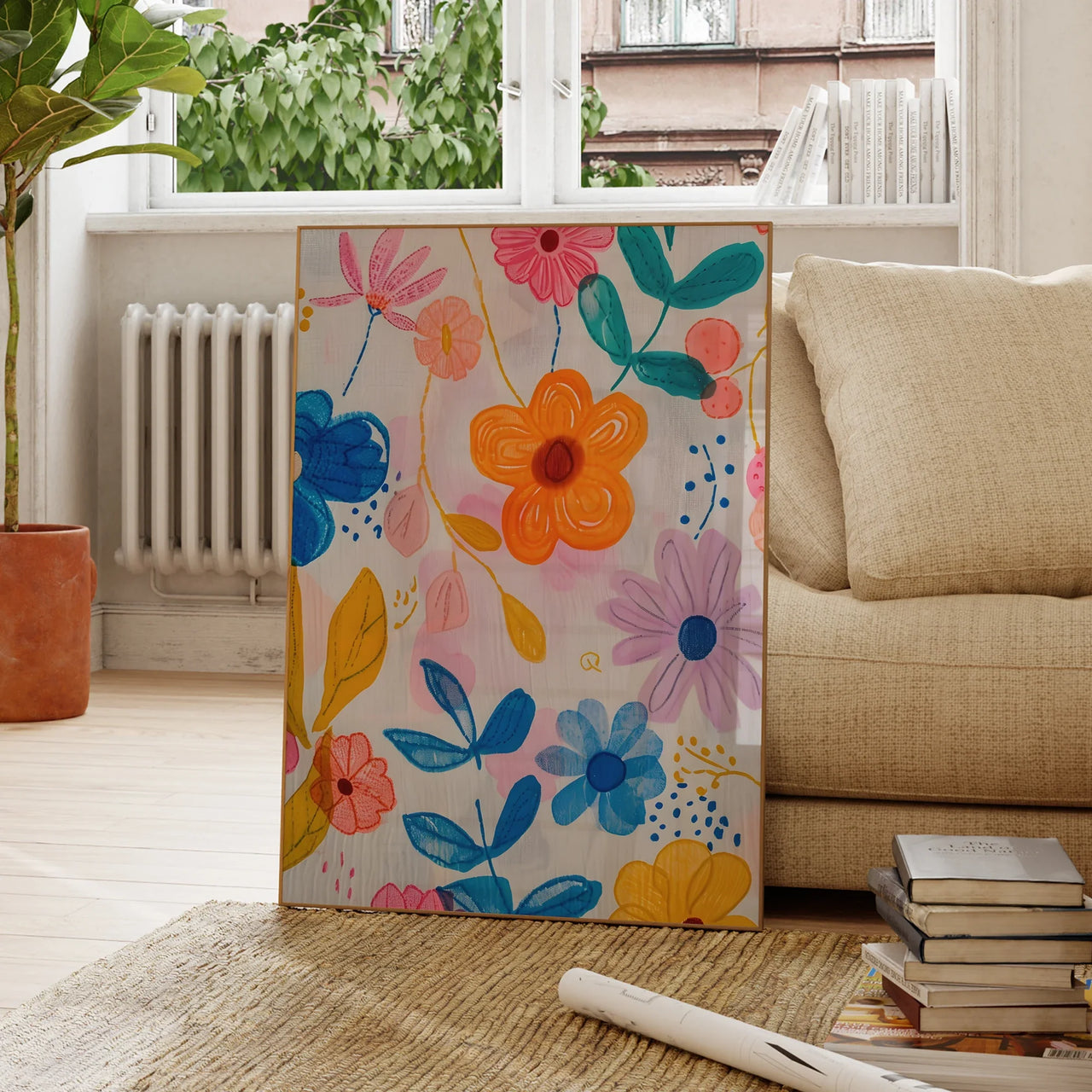 Modern Pink Blue And Yellow Flowers Intertwined Wall Art Prints Canvas Painting Poster Picture For Living Room Home Decor