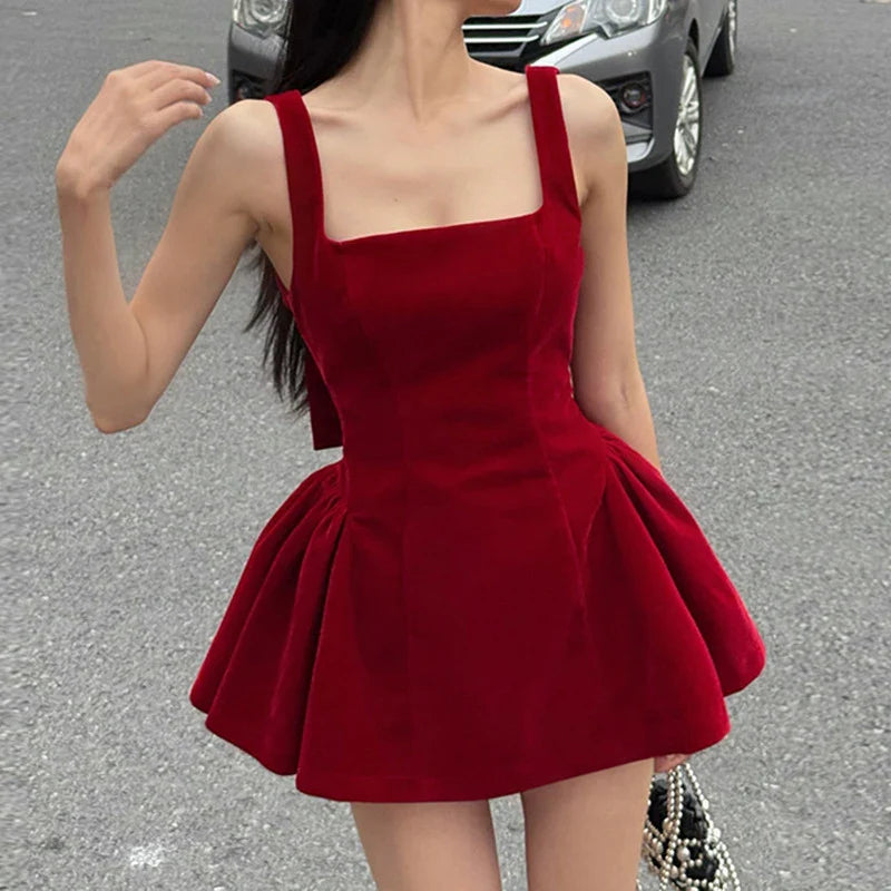 BKLD Fashion Red Bowknot Mini Dress Straps Square Collar Sleeveless Backless Vintage Cute Ladies Slim Party Short A-line Dresses