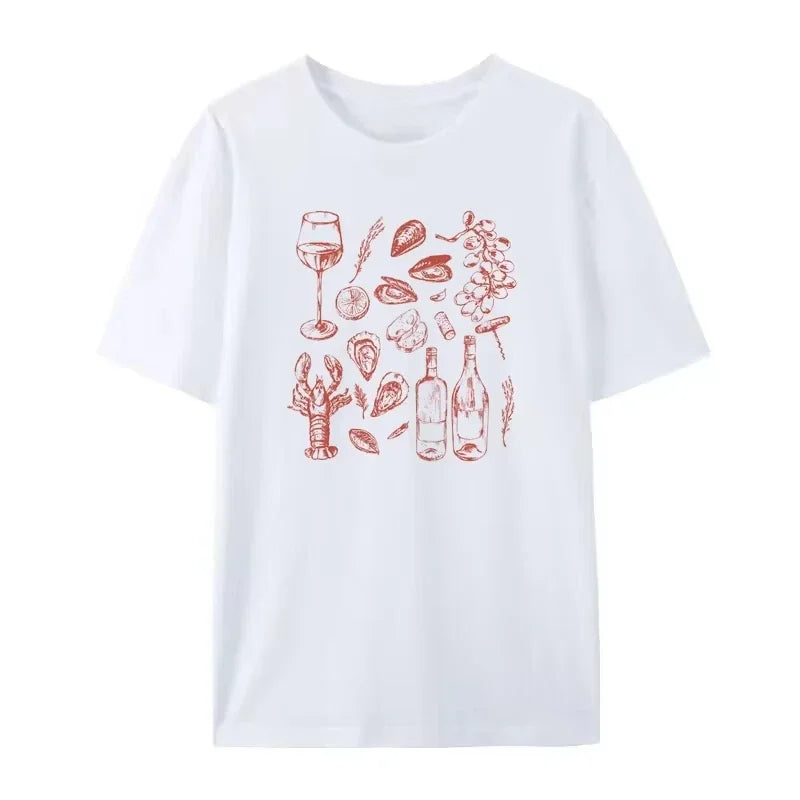 Summer American Ins Women's Retro Seafood Printing T-Shirt Trendy Retro Y2k Oyster Lobster Cute Loose Vacation Half Sleeve Top