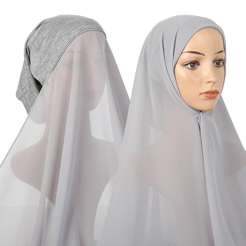 New Plain Instant Hijab Bubble Chiffon With Modal Tube Cap Set Muslim Woman Hijab Innerscarf Casual Long Scarf Islamic Turban