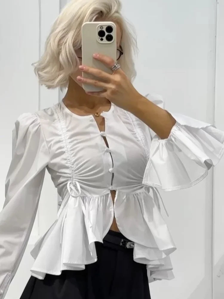 Women Fashion Slim Shirt Classic Solid Single Breasted O-neck Lace-up Full Sleeve Ruffled Blouse 2026 Chic Spring Commute Tops