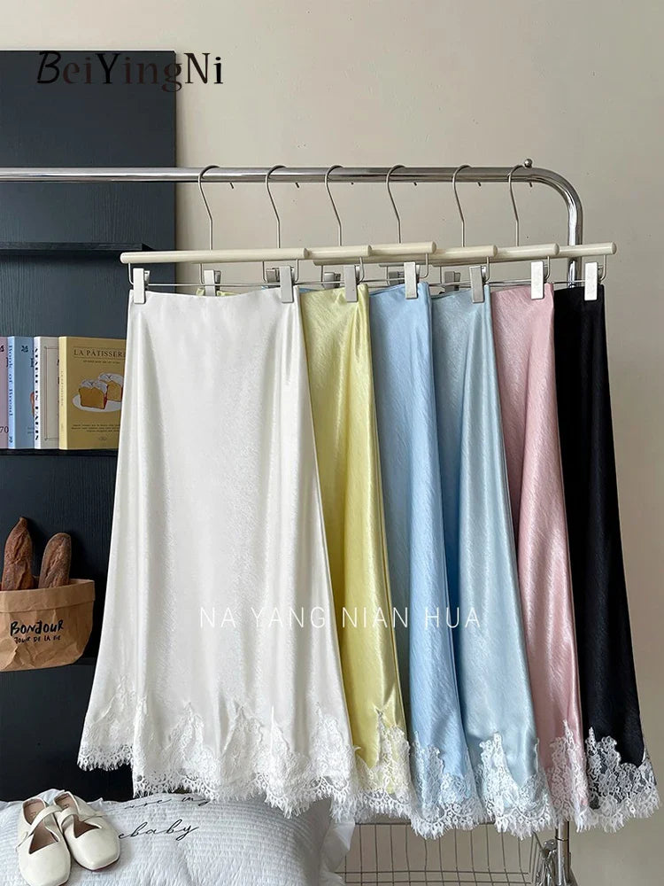 Beiyingni French Elegant Satin Mermaid Skirt Women Spring Summer Lace Patchwork Pack Hip Long A-line Skirts Office Ladies Faldas