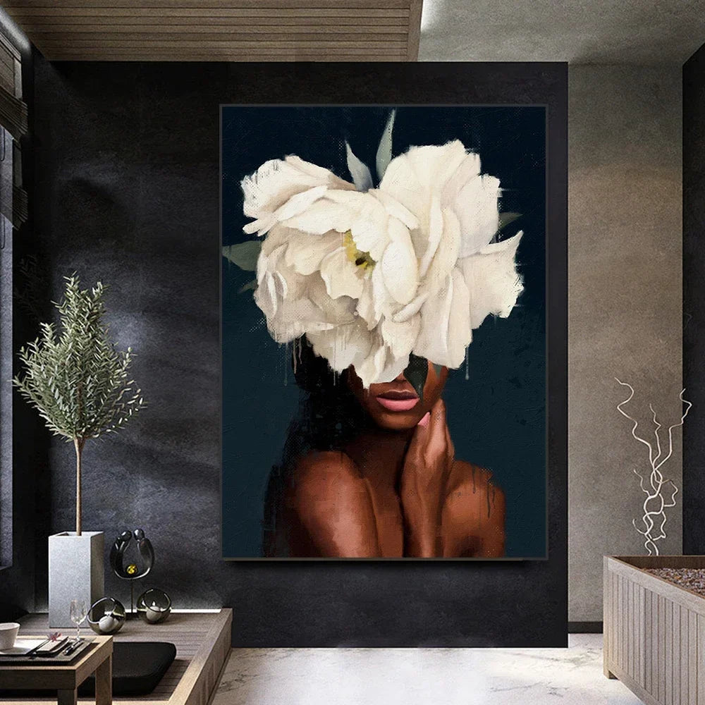 Classic Abstract Wall Art Black Woman Girl with Flowers Canvas Print Poster Printing Poster Home Living Room Bedroom Decoration