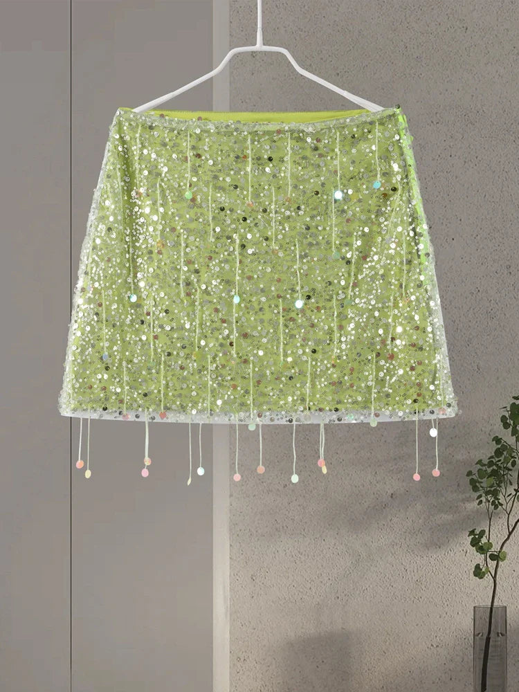 Sexy Tassel Chains Women's Set Elegant Solid Sequins Hip Package Female Party Mini Skirts Summer Holiday Lady Outfit Beachwear