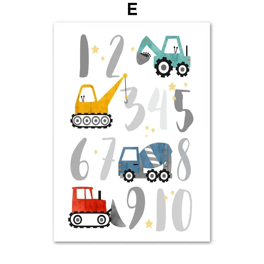 Modern Nordic Style Canvas Print Painting Poster Cartoon Car Letter Number Children Wall Picture Art Studio Kids Room Home Decor