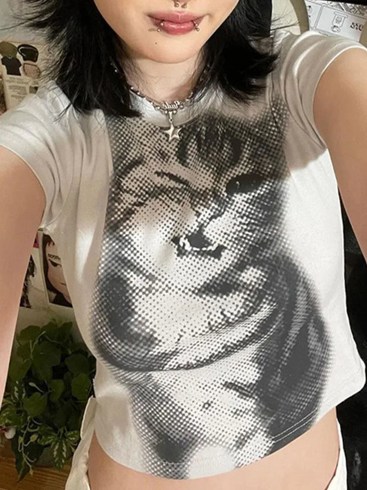 Women's Harajuku Animal Print Crop Top Basic White Short Sleeve Crewneck Slim-Fitting T-Shirt Casual Y2K Vintage Lady Tees