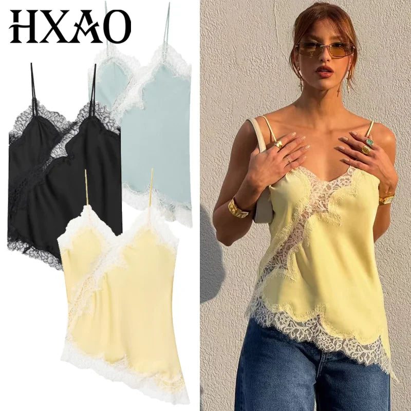 HXAO 2025 Woman Asymmetrical Slip Top Women Sexy Black Yellow Blue Top Lace Tanks & Camis Chic Y2K Sleeveless Backless Camisole