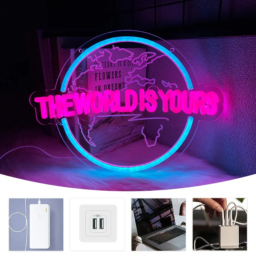 The World Is Yours Led Neon Sign, Earth-Shaped Sign 3D Sculpture, Used For Bedroom, Club And Game Room Decor, Powered By Usb.