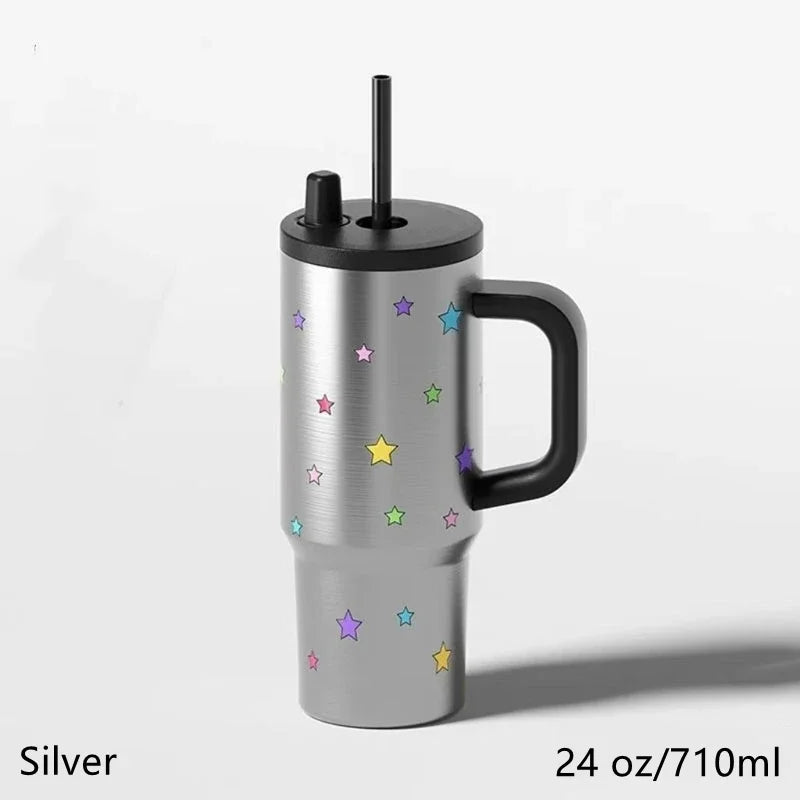24oz Portability Tumbler with Handle Straw Lid Large Volume Stainless Steel Vacuum Insulated Cup Keep Cold Travel Mug
