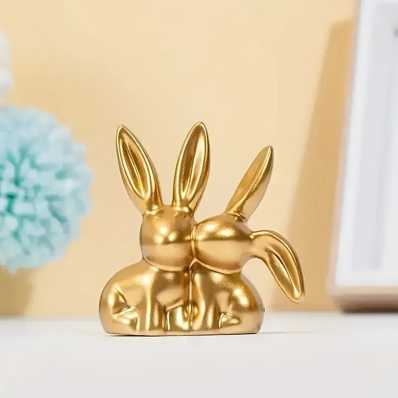 1pc  Collectible figurine  ,Golden cute double rabbit ornament, creative decorative item for home desktop.