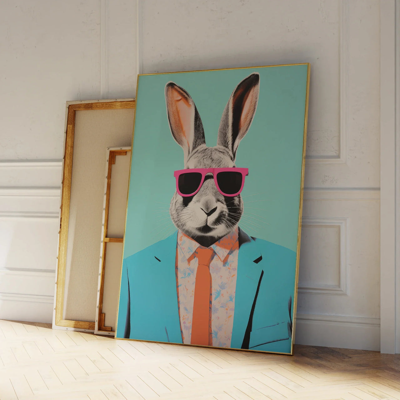 Modern Abstraction Rabbit With Sunglasses Portrait Wall Art Aluminum Frame Prints Canvas Painting Poster Living Room Home Decor
