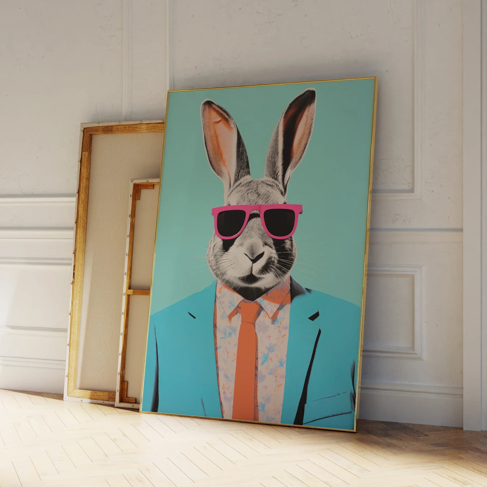 Modern Abstraction Rabbit With Sunglasses Portrait Wall Art Aluminum Frame Prints Canvas Painting Poster Living Room Home Decor