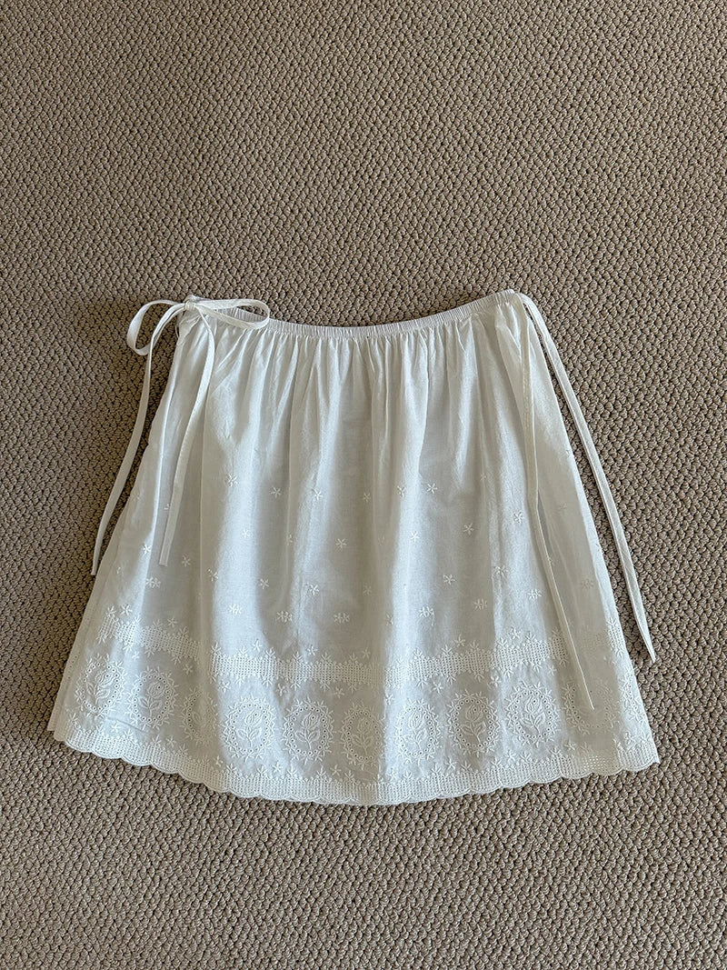 Solid Harajuku White Beige Mesh Lace Skirt Y2k Korean Girl Stacked Skirt Chic Apron Wrap Skirt Lace Up Matching Pants Streetwear