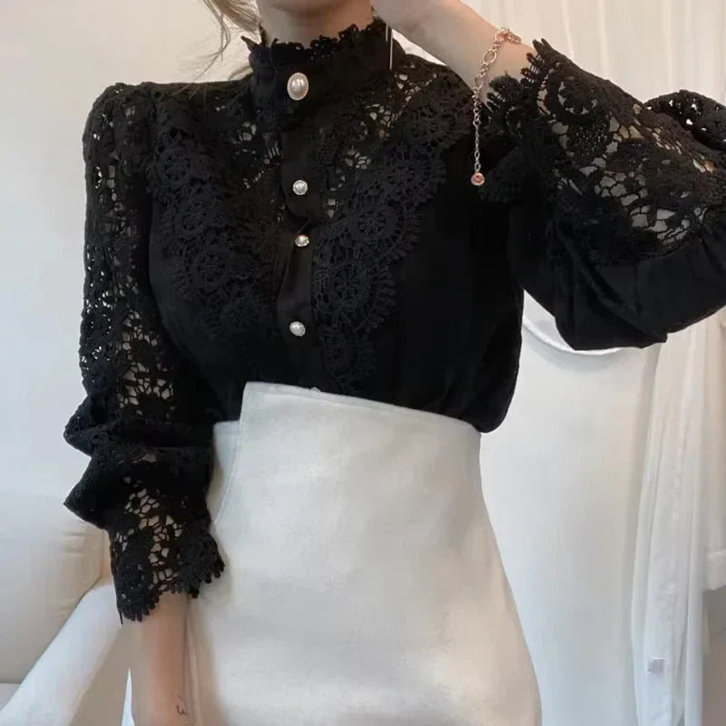 New Women's Long Sleeve High Neck  Chic Blouse, Lace Paneled Hollow Sleeve Elegant Top, Vintage Fashion Office Lady Outfits