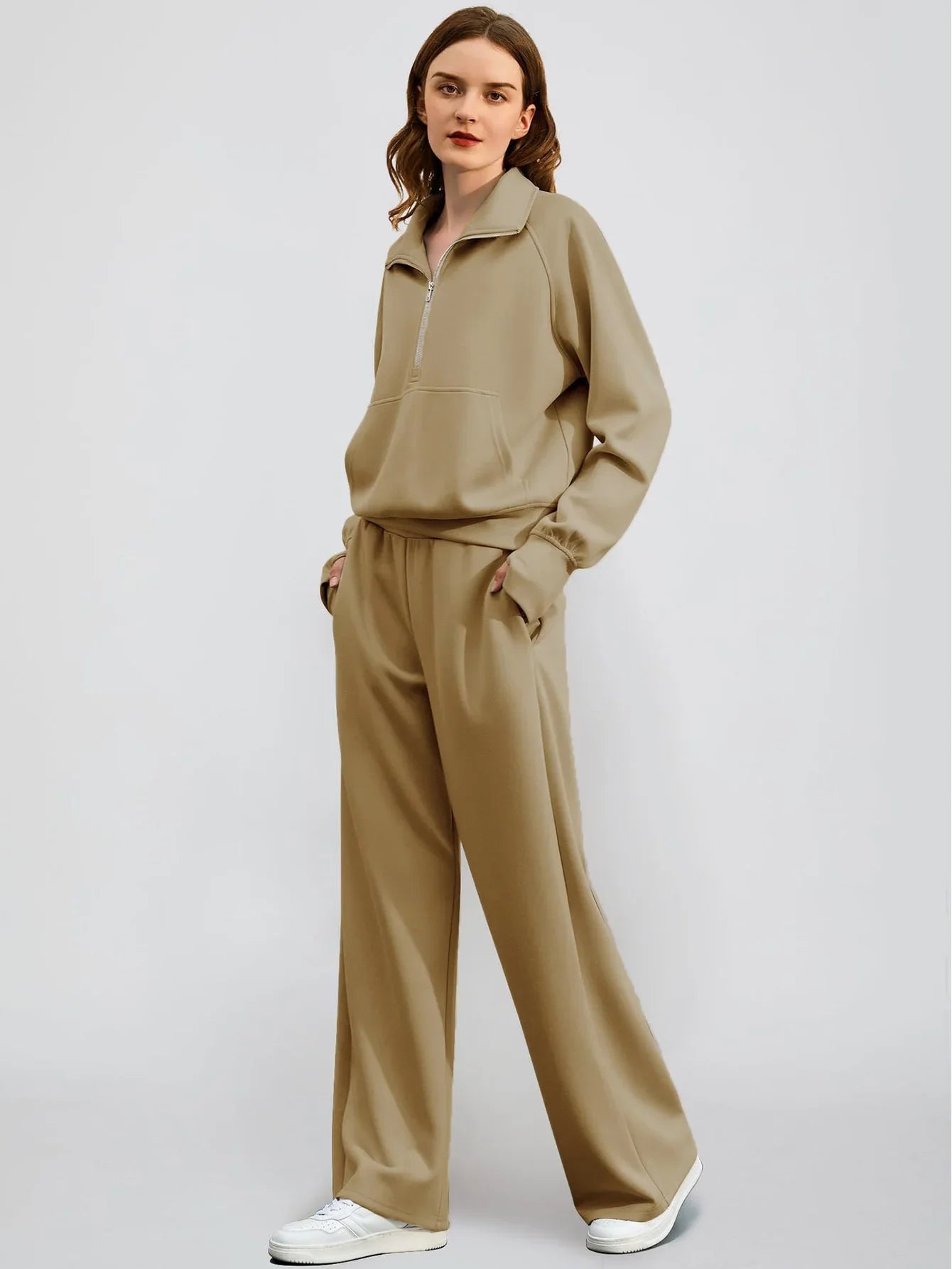 Woman Solid Color Half Zip Long Sleeve Sweatshirt and Wide Leg Pants Set Casual Sporty Two Piece Outfit