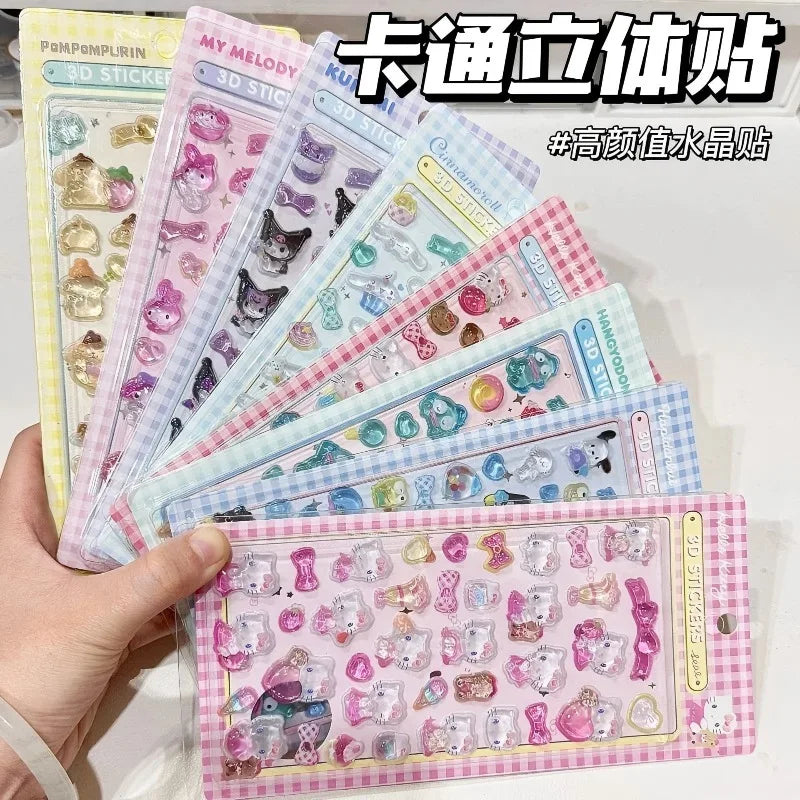 3D Sanrio Hellokitty Kuromi Cinnamoroll Stickers Cute Anime Transparent Jelly Crystal Decorative Sticker Phone Case DIY Kids Toy