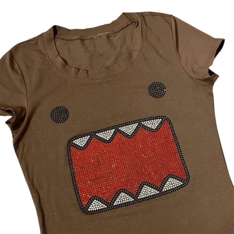 summer new women Y2K Girl Retro Hot Fix Rhinestone Application Round Neck Top T-shirt Funny Vintage Tama Jun Top