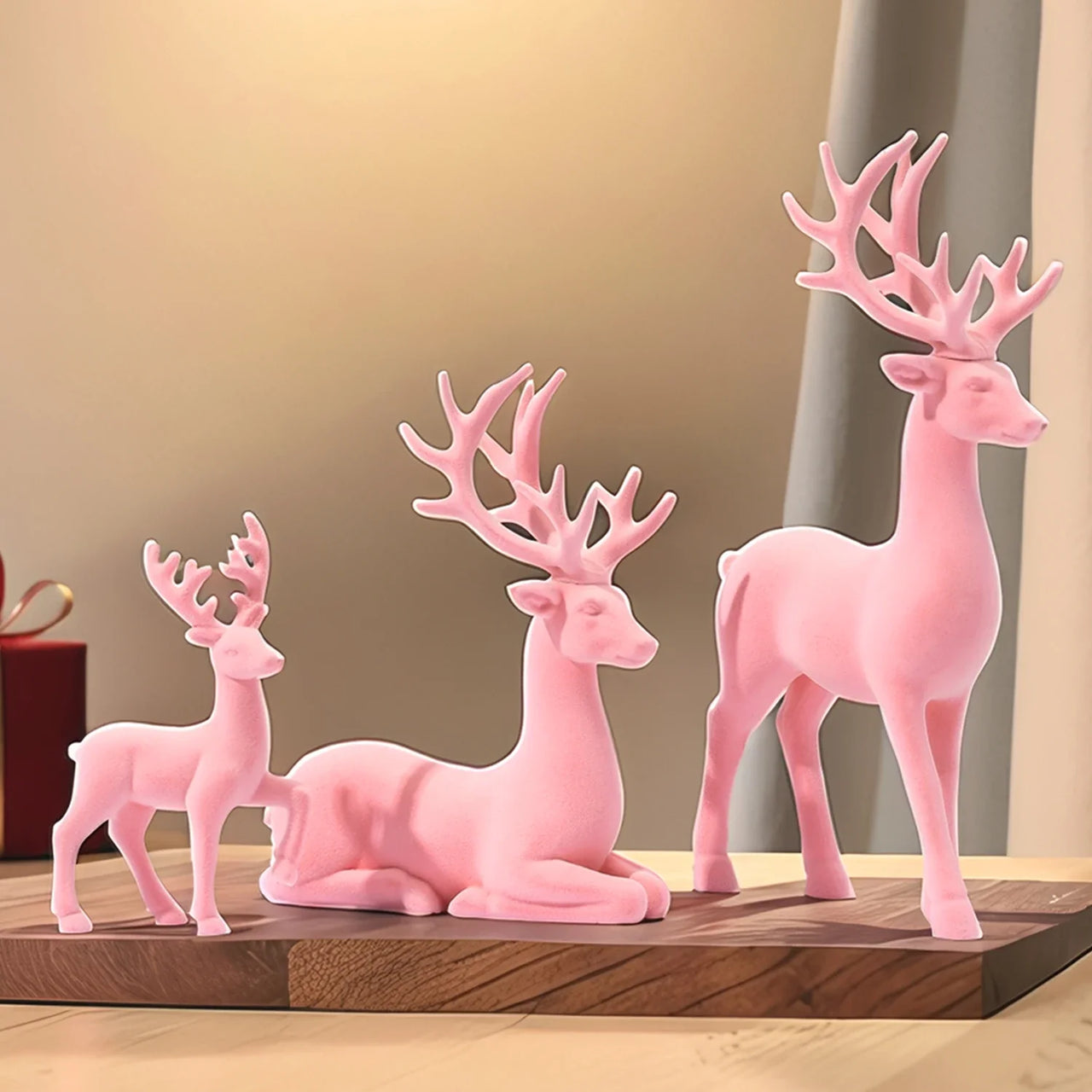 3 Pcs Large Figurines Christmas Decorations Pink Flocked Reindeer Statue Christmas Decor,White Elk Solid Synthetic Resin