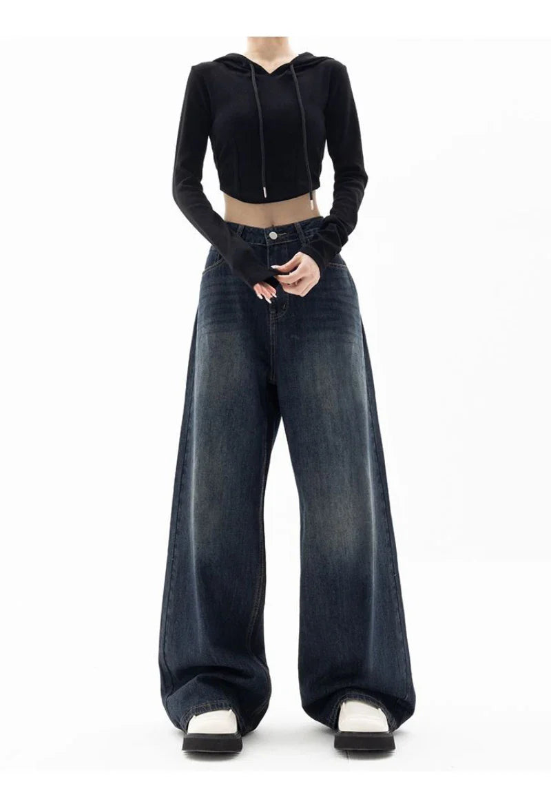 Women's Retro Street Style High-Waisted Wide Leg Pants Floor-Length Niche Design Loose Fit Slimming Jeans