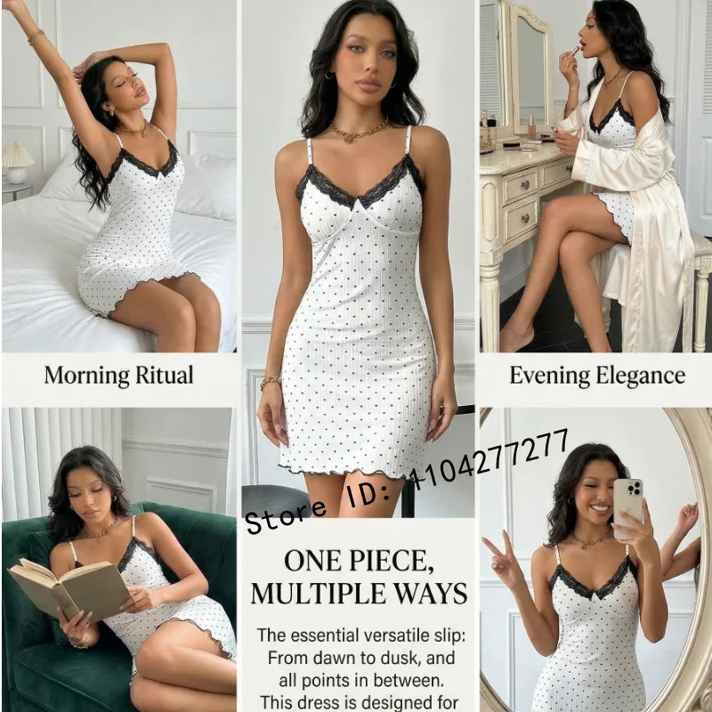 Women's Heart Print Lace Trim Camisole Nightdress,Sleeveless V-Neck Slim Fit Sexy Sleep Dress For Summer Daily Loungewear