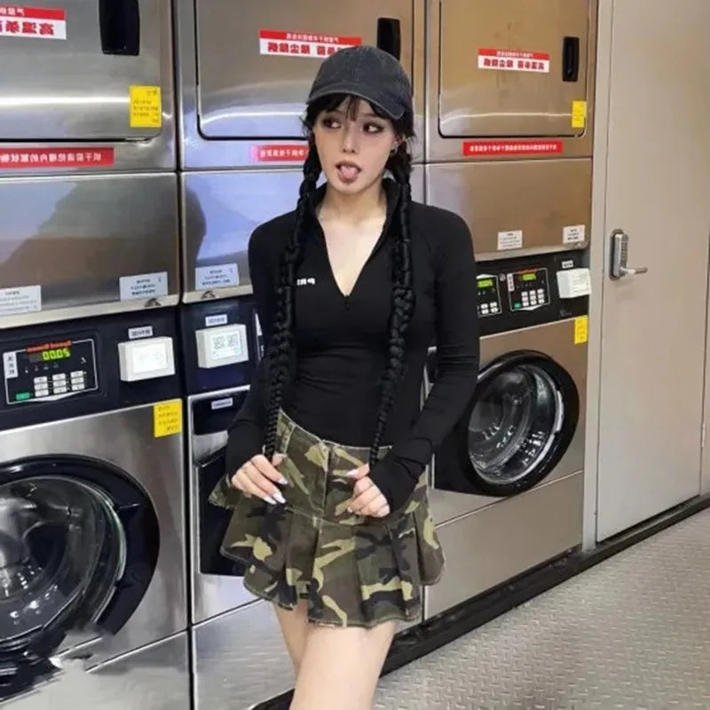 Pleated Skirts for Women American Style Vintage Clothing Summer Camouflage High Street Fit Students All-match Young Sexy Chic