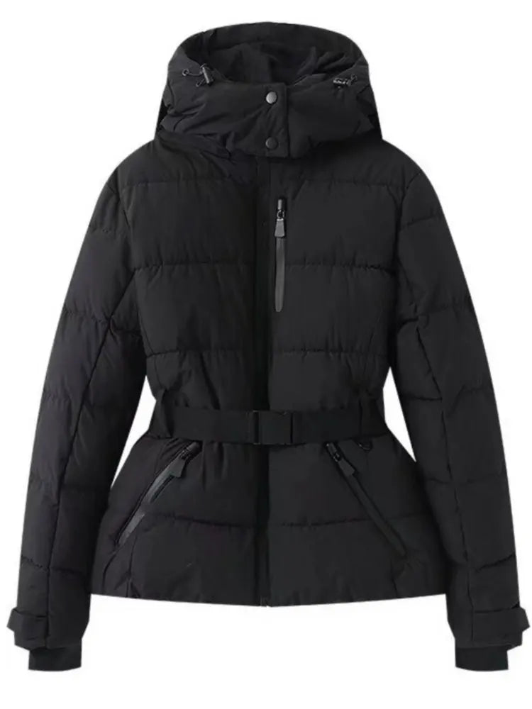 2025 Women Winter Hooded Down Jackets With Belt Lady Warm Thick Long Sleeve Stand Collar Parkas Padded Coats Sports Ski Outdoor