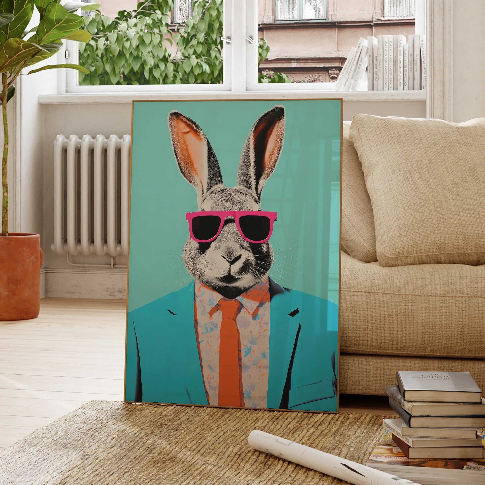 Modern Abstraction Rabbit With Sunglasses Portrait Wall Art Aluminum Frame Prints Canvas Painting Poster Living Room Home Decor