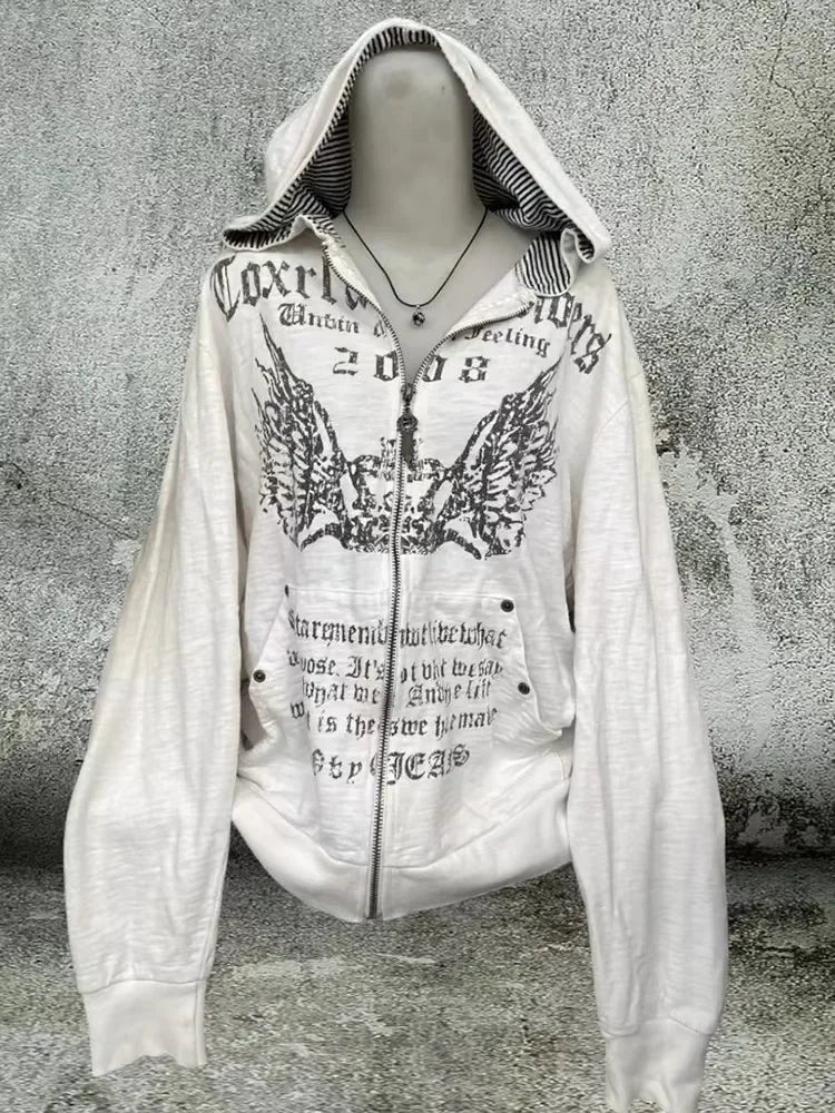 Korean Fashion Simple Gray Double Sided Oversized Zipper Hoodie Women Y2K New Harajuku Gothic Casual Joker Couple Sweatshirt