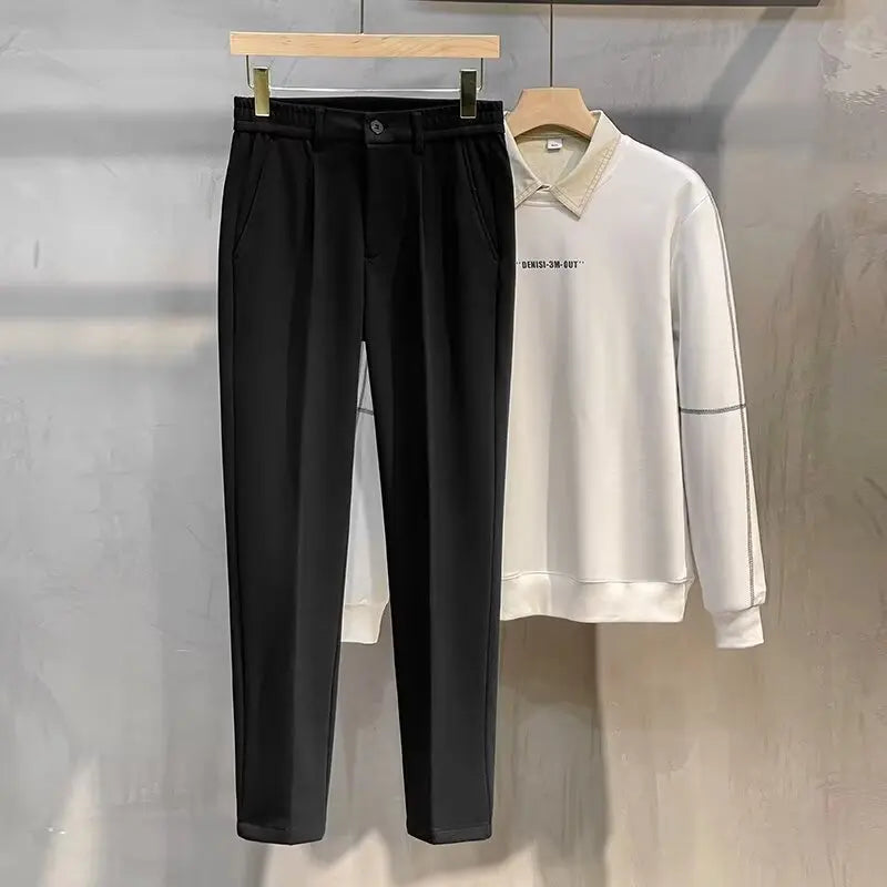 Men's Woolen Casual Pants Autumn Winter Thickened Straight Leg Slim Fit Long Trousers Korean Fashion Nine Points Pants