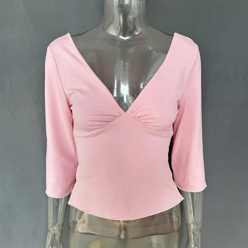 Sexy V-Neck T-shirts Women Tops Summer Long Sleeve Slit Solid Pullover Slim-Fit Chic High-Street 2026 Female Shirts Tee Tops